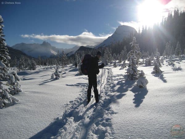 Man skiing up a snow pass to a hut.