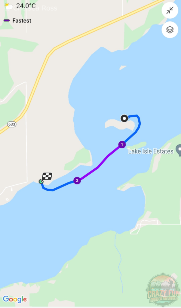 A map showing where I went the first time I went kayaking from Lake Isle Kayaking Adventures.