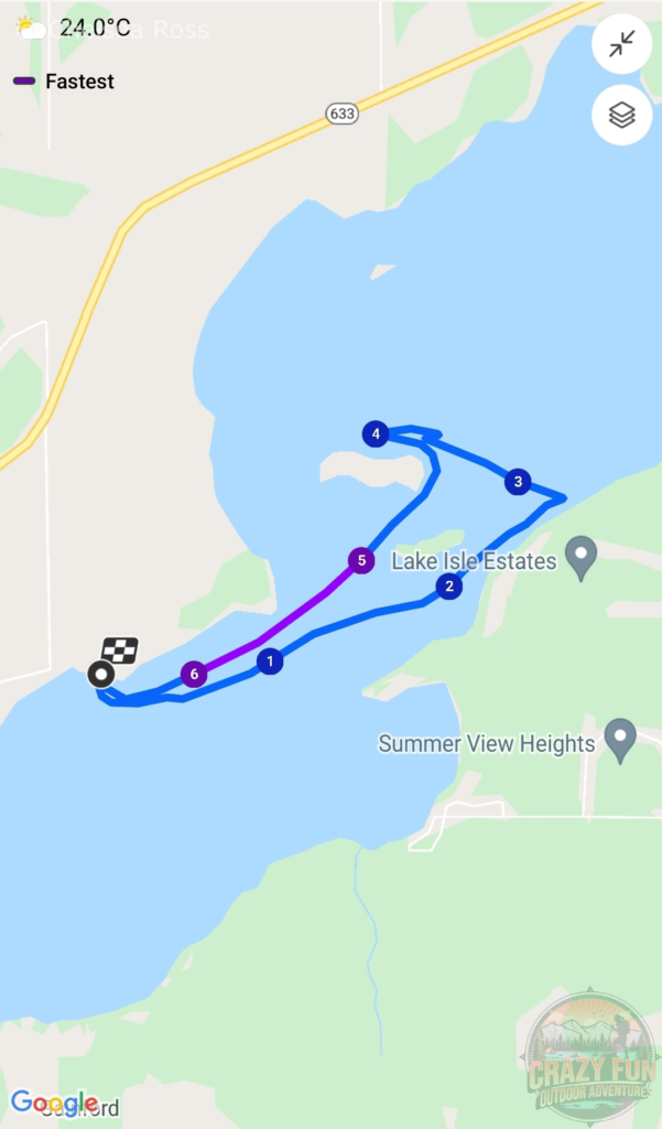 A map showing where I went the second time I went kayaking from Lake Isle Kayaking Adventures.