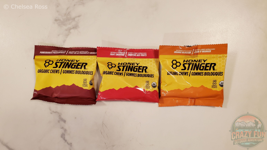 Honey Stinger Organic Chews are number six on the list of 6 Easy Snack Ideas for Kayaking Trips. They have pomegranate (left), fruit smoothie (middle) and orange blossom (right).