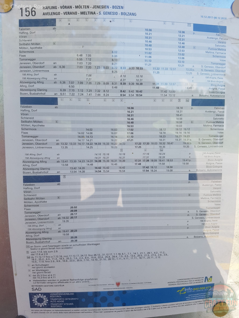 Bus schedule from San Genesio to further north in the foothills and back.