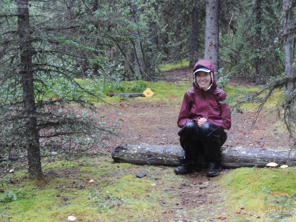 Sitting on a brown and white spotted log with a purple jacket and black rain pants while it rains, enjoying a break from backpacking. Trees are to my left and right and behind me. Pine needles cover the ground.