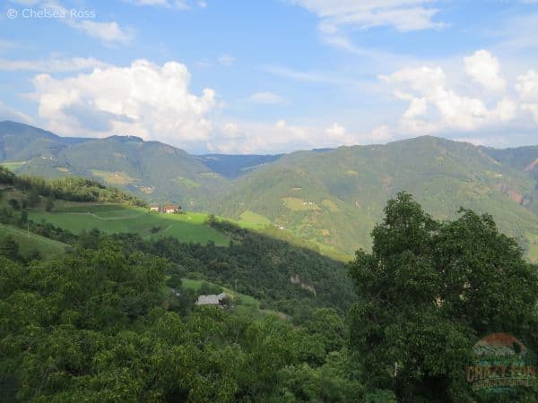 Showing the green valley with farms and trees in the foothills on our unforgettable hiking holiday in Bolzano.