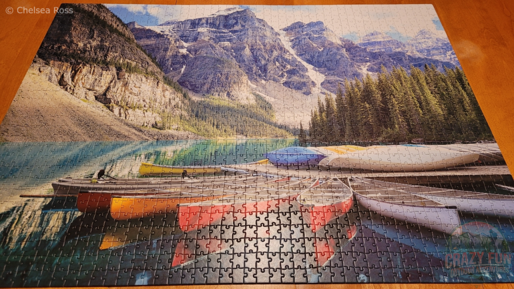 A beautiful puzzle showcasing Moraine Lake with canoes ready to be rented. Making puzzles are fantastic date ideas for Valentine's Day. 