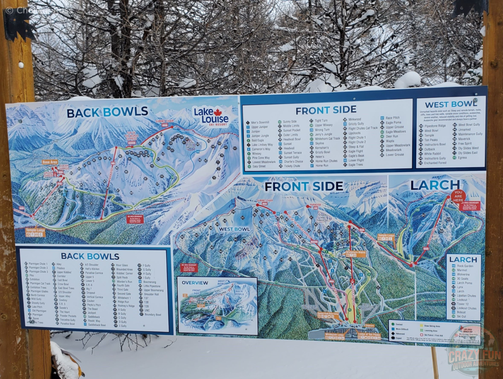 Downhill ski Sunshine or Lake Louise? Here is a sign of Lake Louise showing the different mountains to take for the runs you want to do. 