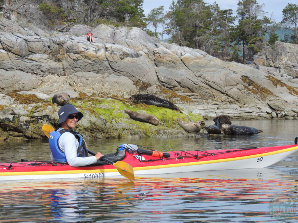 15 Awesome Kayaking Gifts for Moms: the second item is a wick away shirt. My mom is in her red kayak on the water with a blue shirt, blue lifejacket and blue hat. Seals are seen on rocks to the left of the picture.