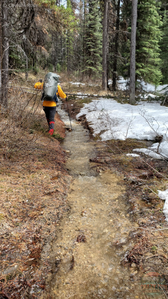 Water is flowing down the trail encouraging us to walk beside the trail. Kris is up ahead walking to the left in his yellow coat and black pants with grey and red gaiters while wearing a backpack.