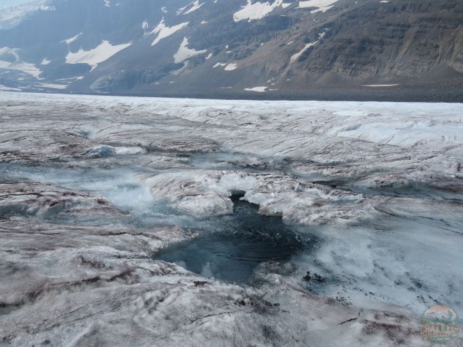 Large crevasses are filled with water on the glacier as seen in this picture. Lots of water is on the surface of the snow.