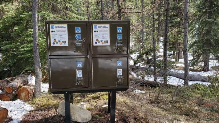Showing the bear-proof bins to store our food at the campsite.