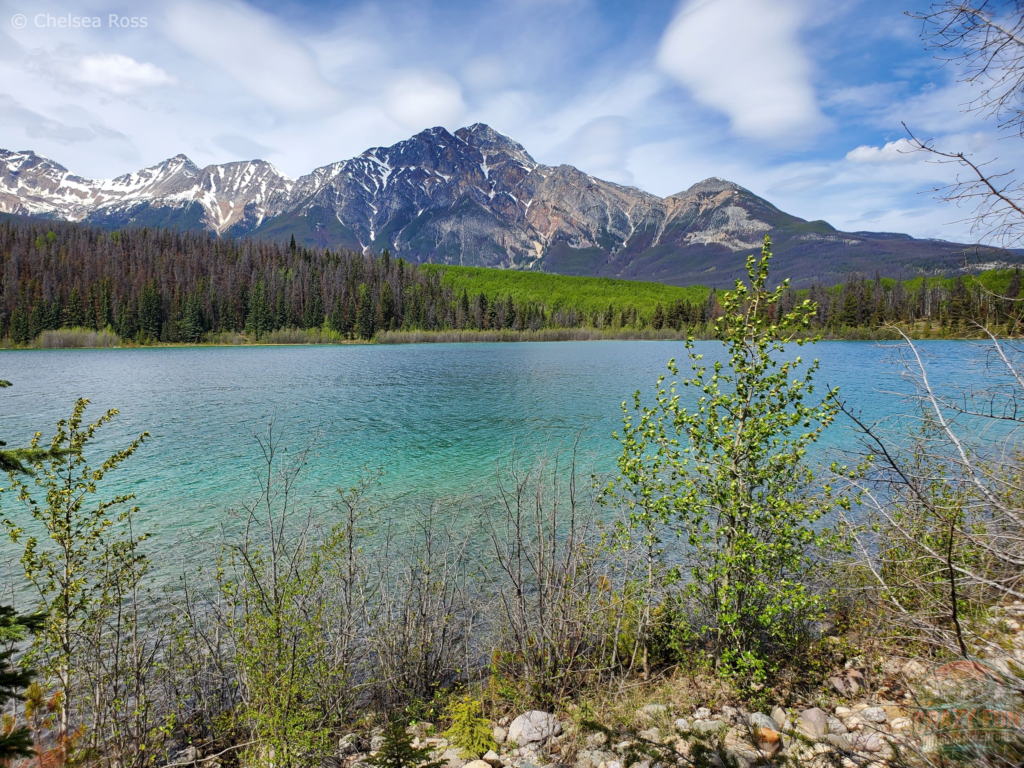 Gorgeous blue-green Patricia Lake colours with mountains behind.
