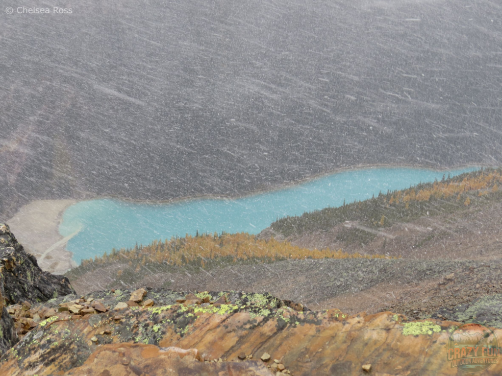 You can see Lake Louise down below from Fairview Lookout while it's snowing.