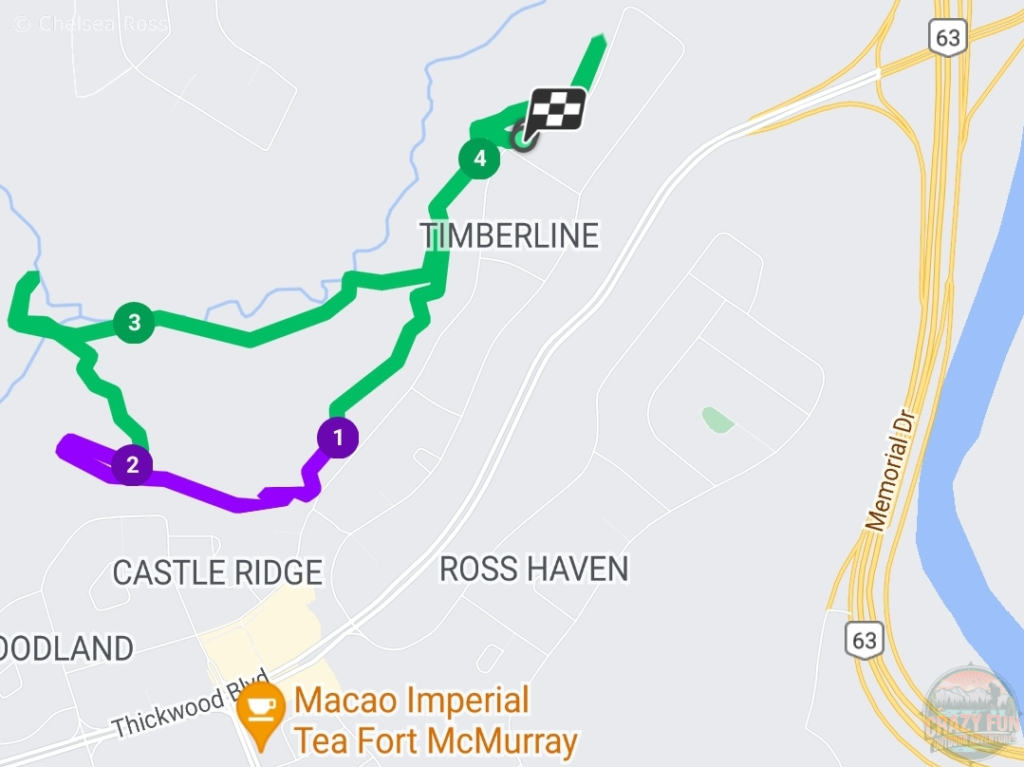 A map showing the distanced I walked on the Birchwood hiking trails in Fort McMurray.