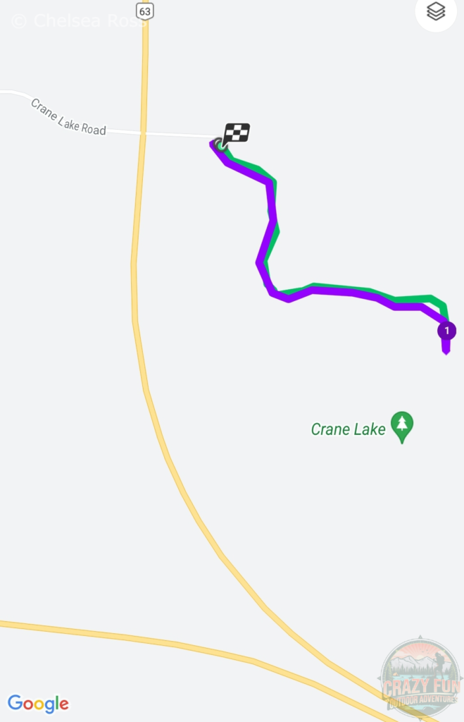 A map showing our distance hiking to Crane Lake.