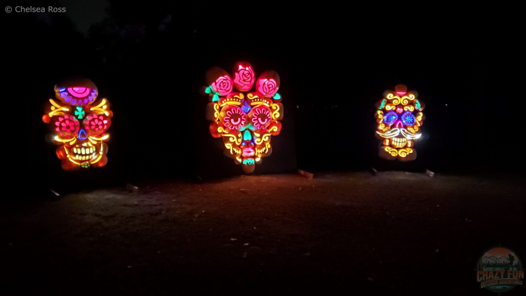 Colourful faces carved into the pumpkins.