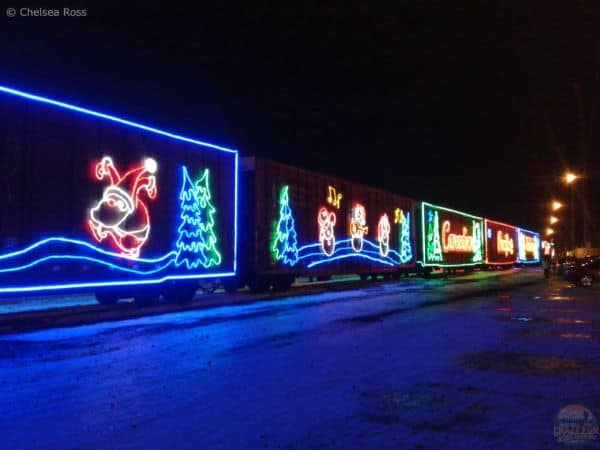 Edmonton Events at Christmas include the CP holiday train. The train is lit with Christmas lights.