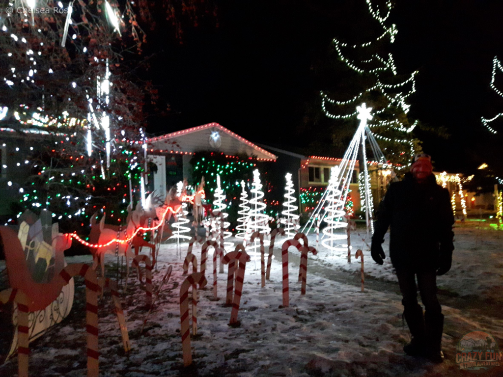 A house decorated with candy canes on their lawn, white swirly trees and lights all over their yard.
