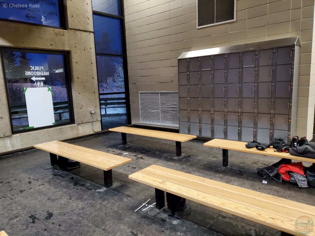 Benches where you can lace up your skates inside the pavilion.