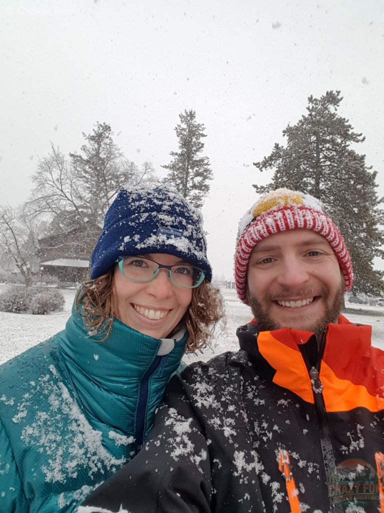 A selfie of Kris and I covered in snow in the town of Jasper. 