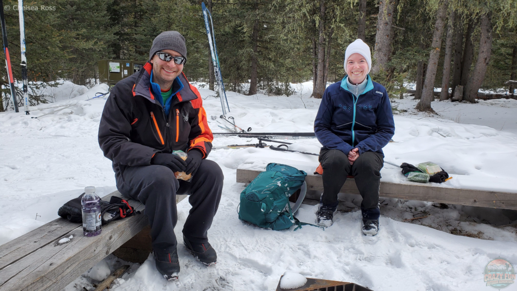 Ways to spend time outdoors: have a picnic. Kris and I are having a picnic with my parents while cross-country skiing. 