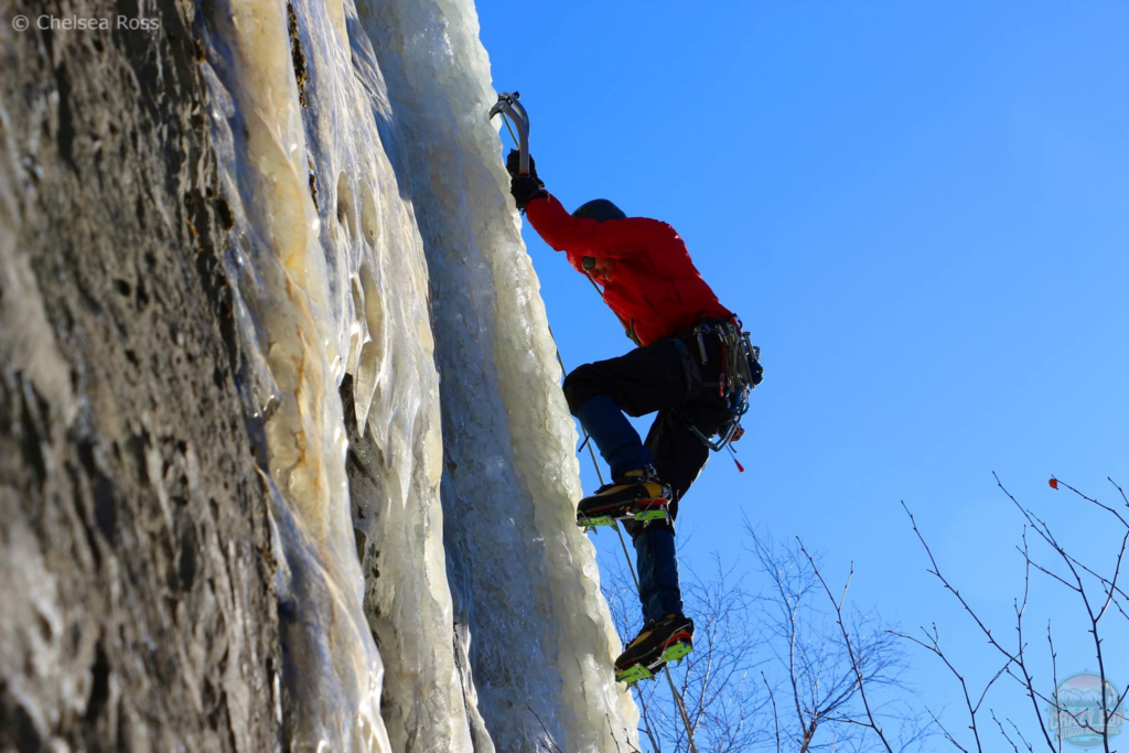 Ways to spend time outdoors: Scott is ice-climbing. 