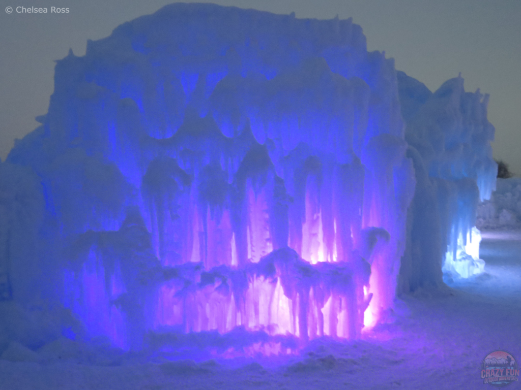 The ice castle glowing purple.