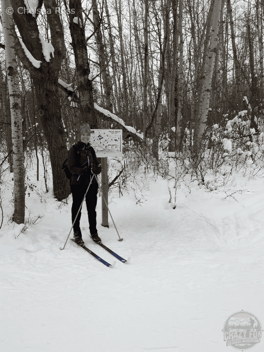 xc skiing near me in SWC. Picture of me and a sign.