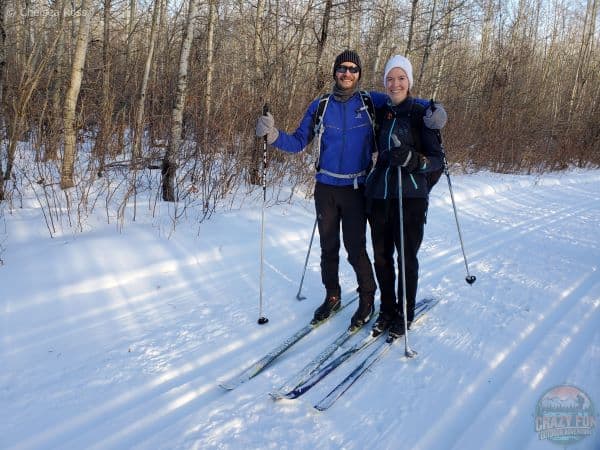 Couple cross-country skiing. 