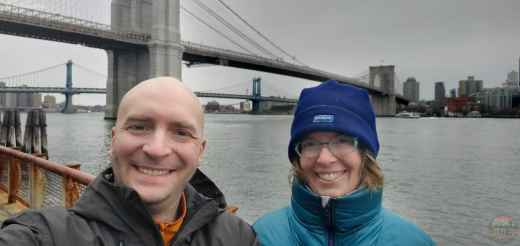 Kris and I taking a selfie with the Brooklyn bridge.