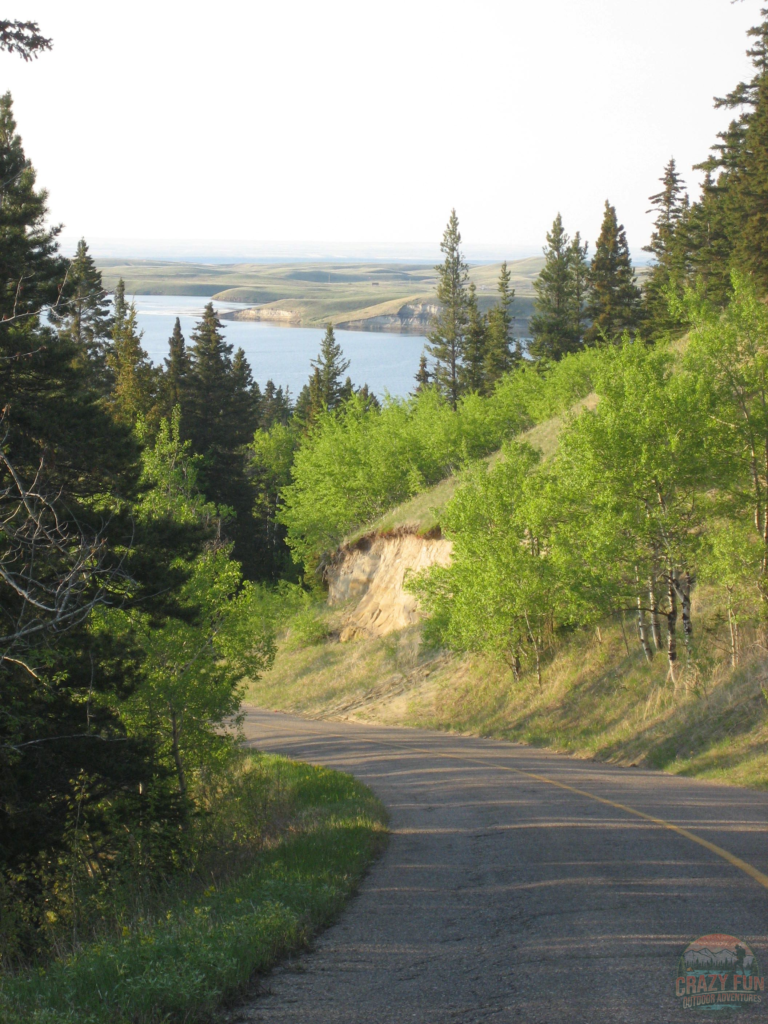 Unique Camping Alberta: Ferguson Hill. Looking at the road and lake.