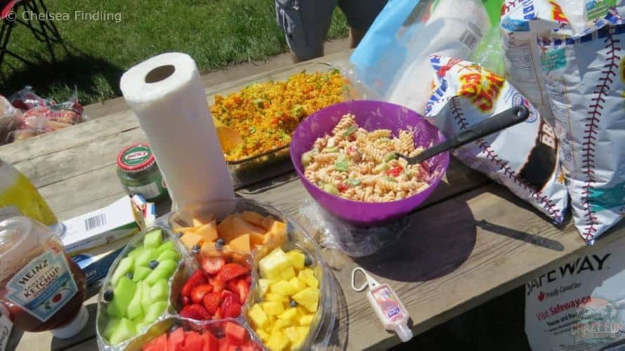 Snacks, fruits and salads on the table for a picnic