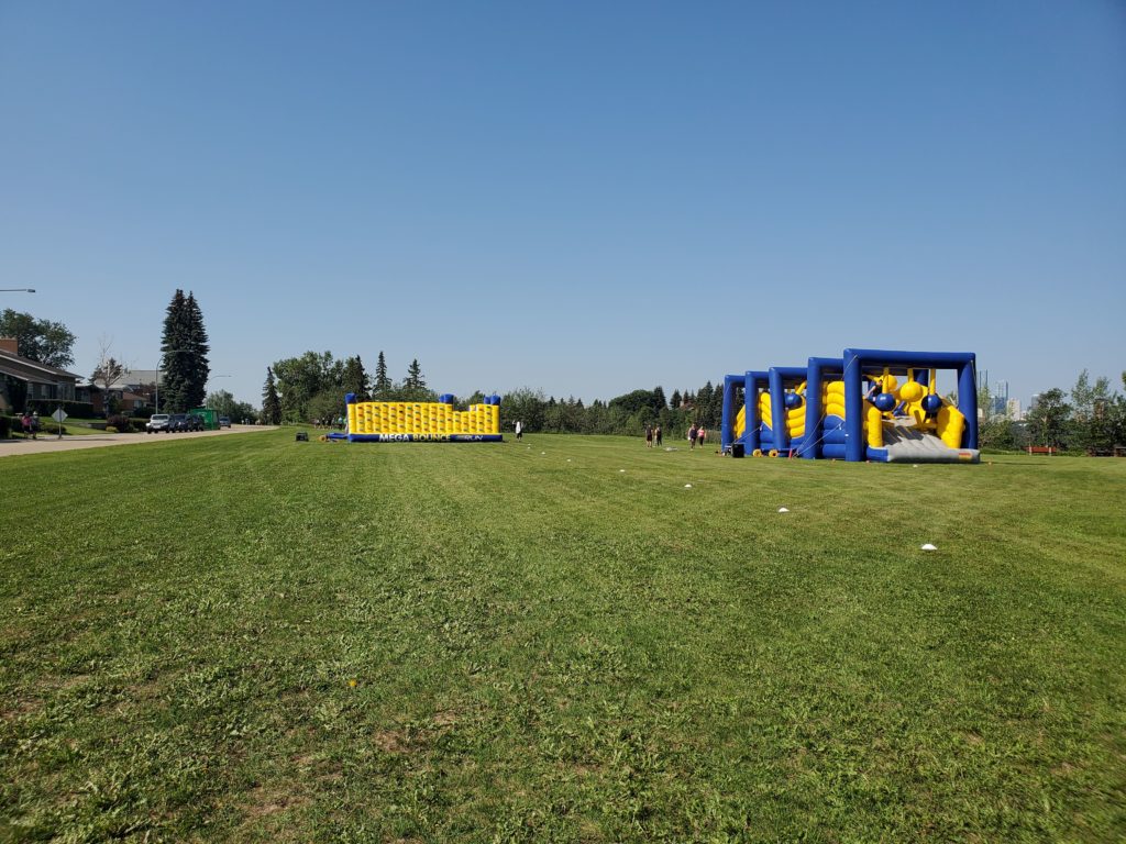 Inflatable obstacles to run Mega Bounce.