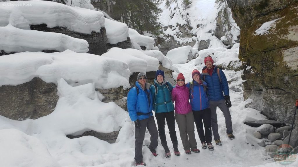 Nice weekend getaway near me at Maligne Canyon. Group picture.