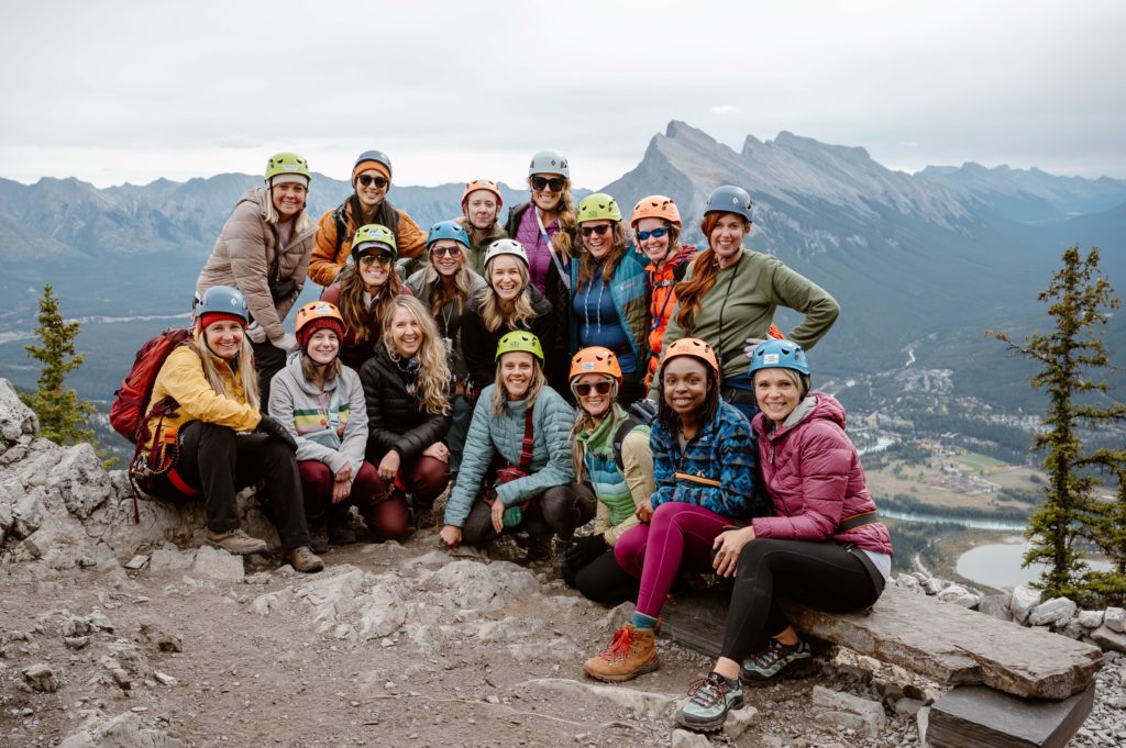 Group shot of the 17 ladies that completed the hard section on the Via Ferrata at the top of the mountain. 