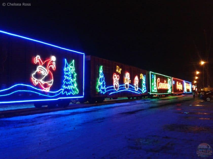 Edmonton Events at Christmas include the CP holiday train. The train is lit with Christmas lights.