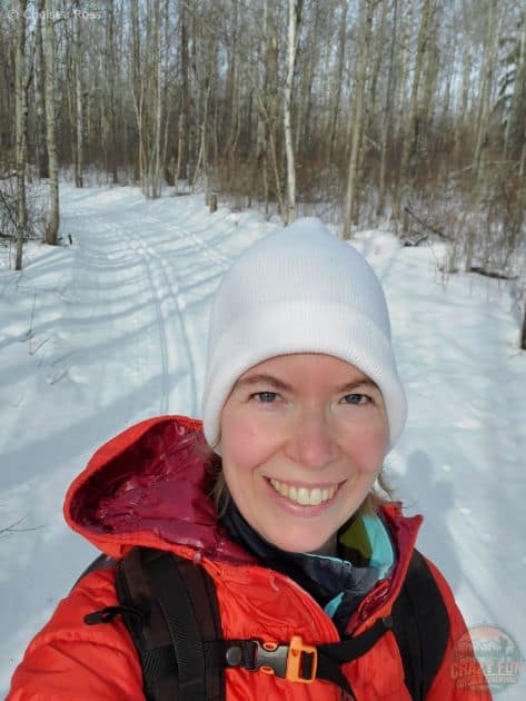 A warm x-country ski jacket helps make the day more enjoyable. I took a selfie in my synthetic orange coat while cross-country skiing. 