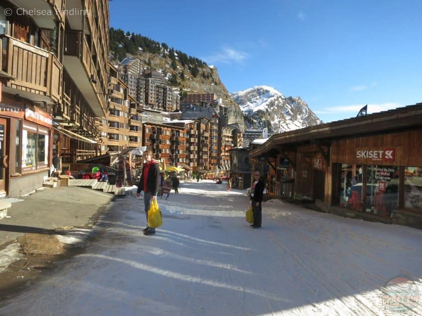 Walking down the street to get ready for downhill skiing in Avoriaz France.