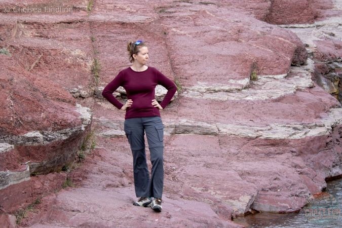 Ossipee Women's Crew Minus33 Merino Wool burgundy shirt on a lady.