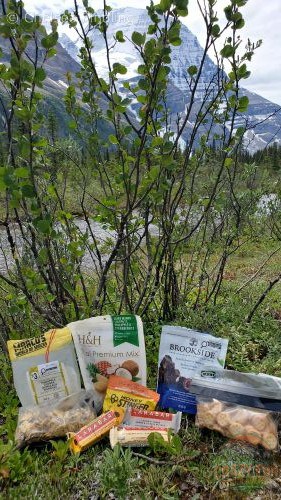 Trail snacks laid out in front of green bushes with Mt. Robson peeking through in the background.
