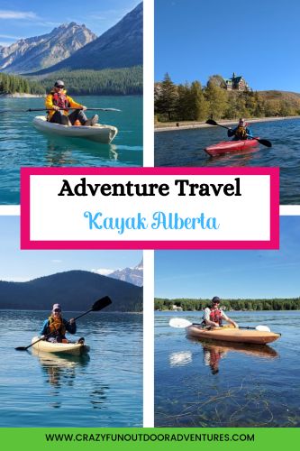 Pinterest pin featuring four stunning kayaking spots in Alberta, including mountain lakes and local paddling destinations. 