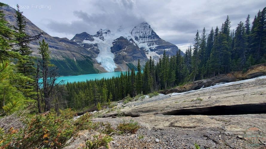 View of Toboggan Falls with Mt. Robson and Berg Lake visible in the background.