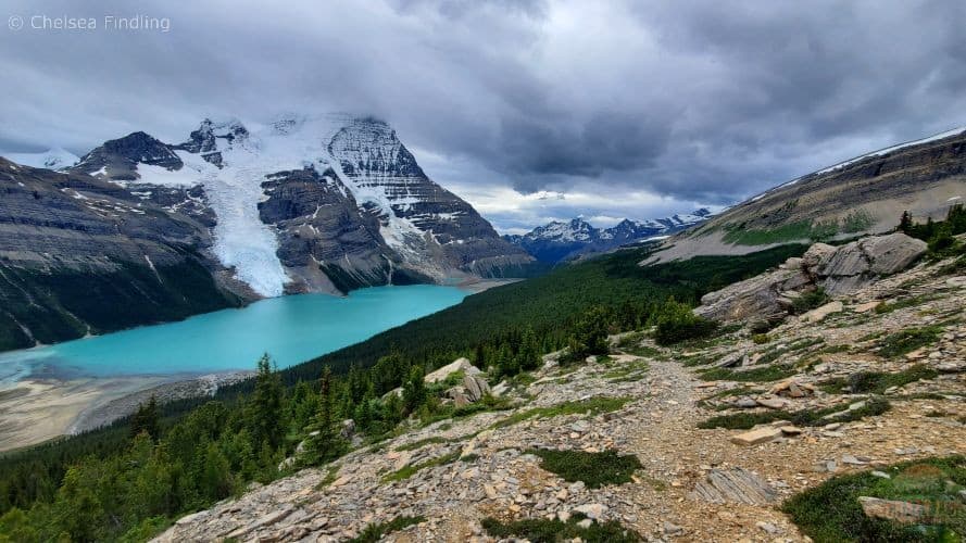 View down from Mumm Basin showing Mt. Robson and Berg Lake. 