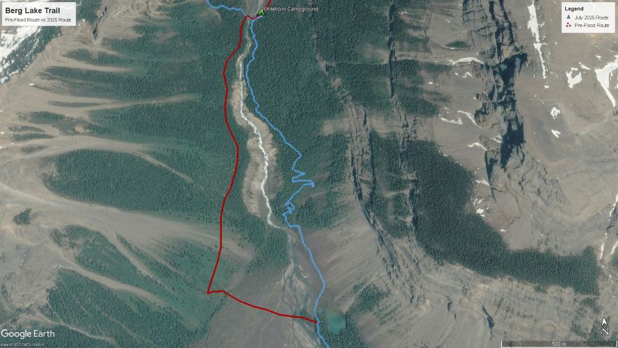 Screenshot of the updated 2025 Mt. Robson Berg Lake Trail route from Kinney Lake to Whitehorn campground created using Google Earth.
