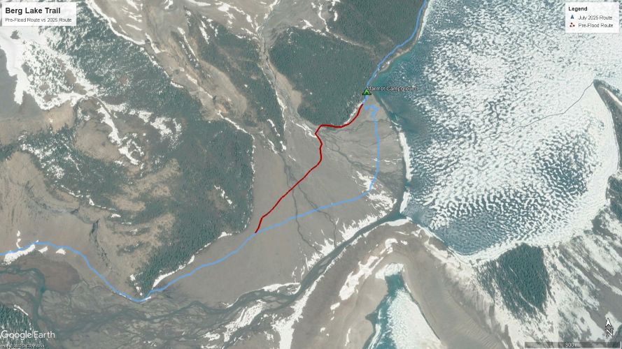 Screenshot of the updated 2025 Mt. Robson Berg Lake Trail route from Emperor Falls to Marmot campground created using Google Earth.