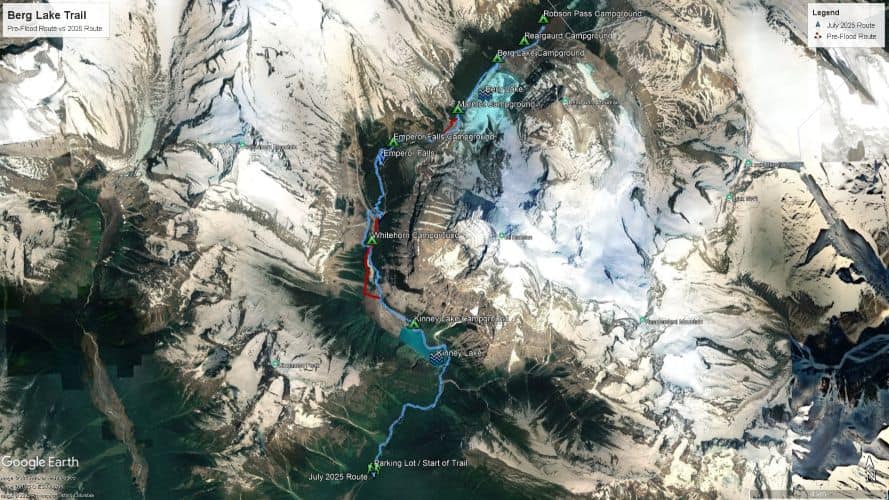 Screenshot of the updated 2025 Mt. Robson Berg Lake Trail route created using Google Earth.
