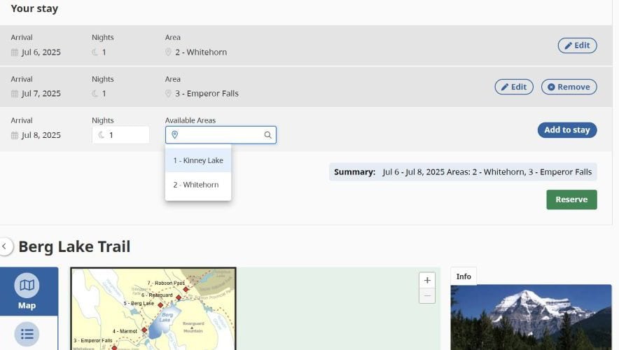 Screenshot of the BC Parks reservation page showing options to book specific campsites for each night of Mt. Robson's Berg Lake Trail. 