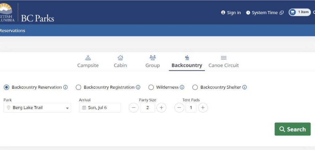 Screenshot of the BC Parks reservation page showing options to book campsites for Mt. Robson's Berg Lake Trail. 