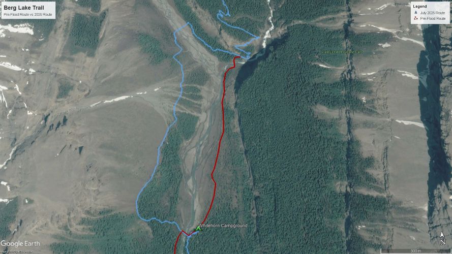 Screenshot of the updated 2025 Mt. Robson Berg Lake Trail route from Whitehorn to Emperor Falls campground created using Google Earth.