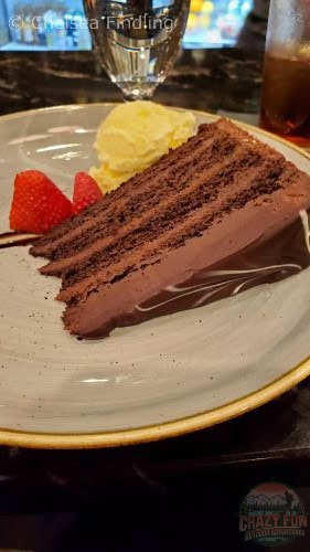 Chocolate cake layers with chocolate ganache in between. 