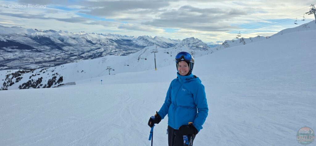 Ski Marmot Basin view off the Knob Chair looking south, with rugged mountain peaks in the background.