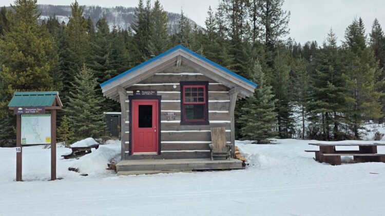 Warm-up huts along a the cross-country skiing trail in a mountain landscape at Nipika Mountain Resort.
